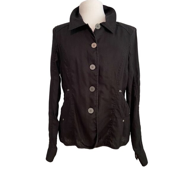 Ecru Black Linen Jacket Women’s Large Button Front Blazer Lightweight Coat - Picture 1 of 9